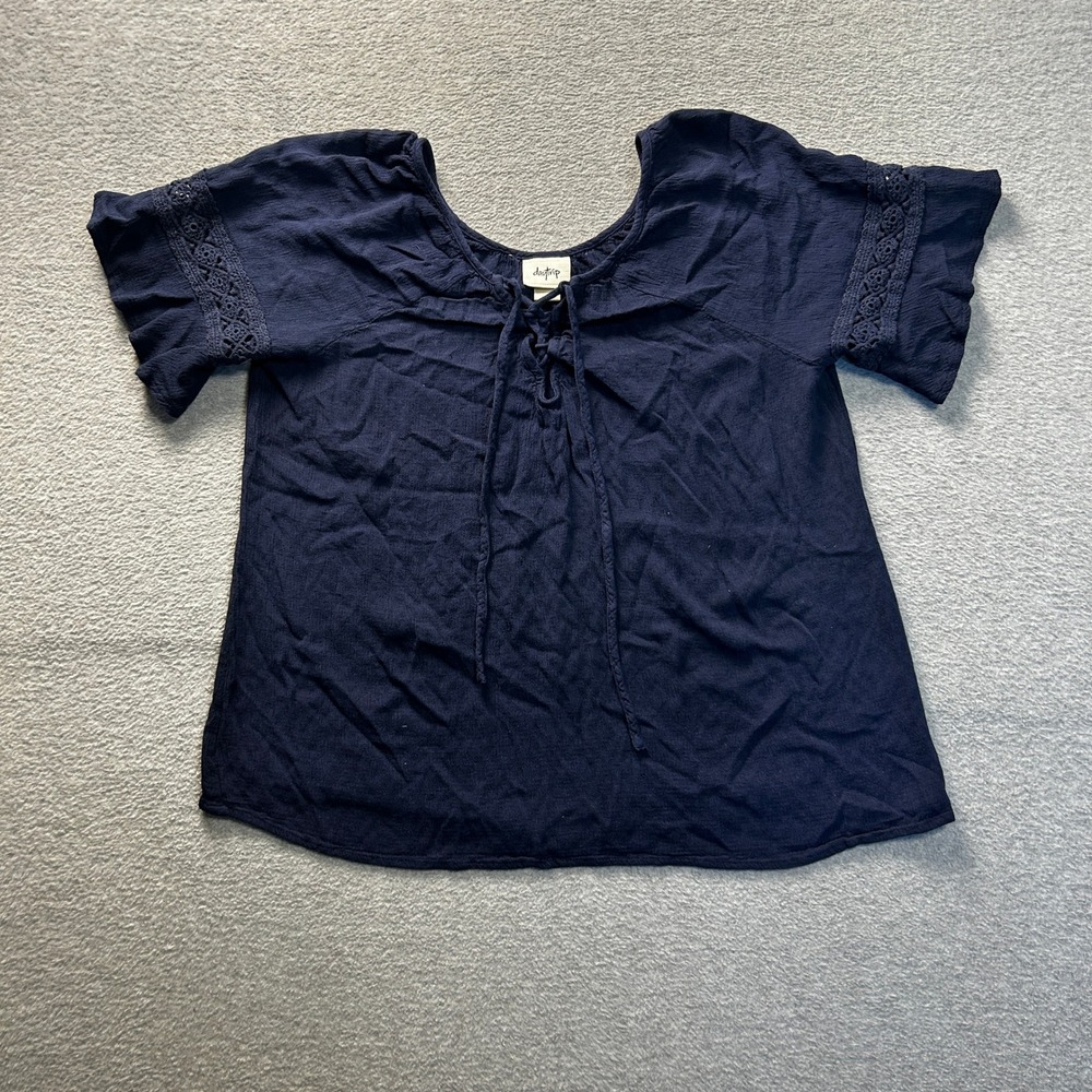 Daytrip Peasant Blouse Womens Large Navy Blue Boho Tie Front Rayon Top Flowy